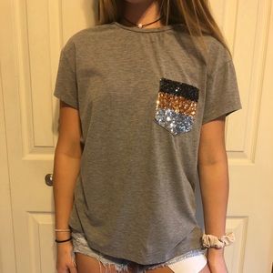 Gray T-Shirt With Sequin Pocket